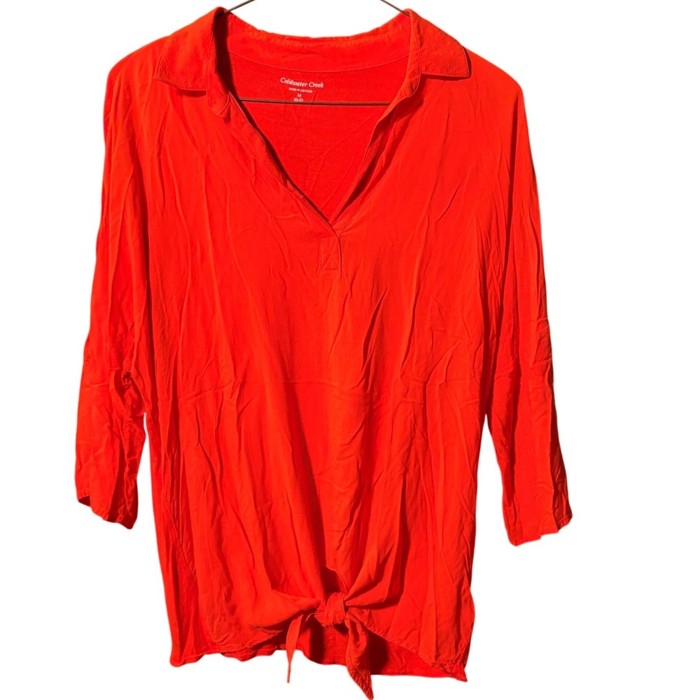 Coldwater Creekโ Tunic Women M Orange Good Tie Front V-Neck 3/4 Sleeve Rayon